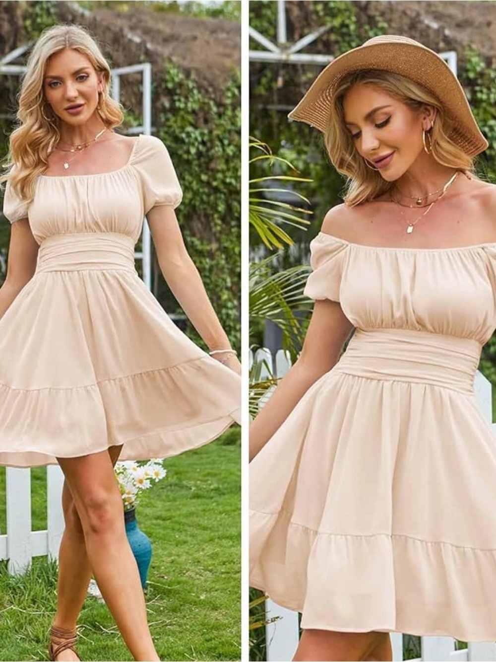Elegant Cream Puff-Sleeve Mini Dress with Ruched Waist